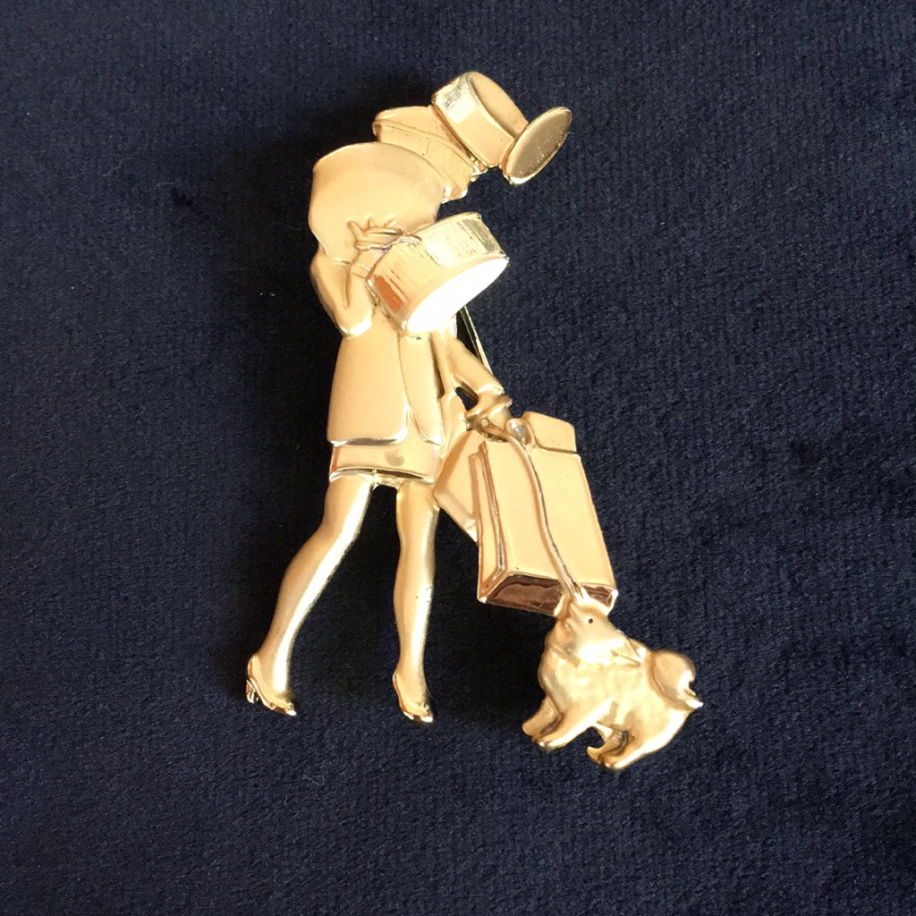 Vintage Ajc Woman And Dog Shopping Gold Brooch 15$